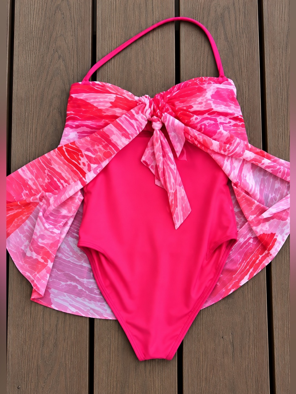 Ralph Lauren Calypso Flyaway Bandeau One Piece Pink & Coral Swimsuit w/ sarong